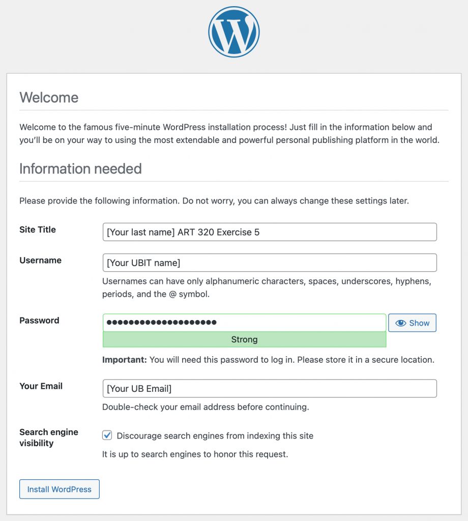 WordPress Setup — Site Info